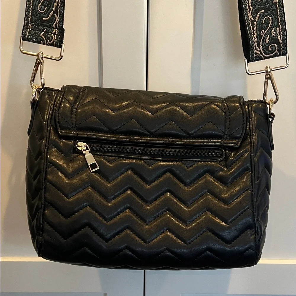 Black Quilted Chevron Crossbody Bag with Guitar style strap 9” X 11” X 4”